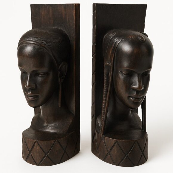 African Bookends Vintage Black Ebony Hand Carved Wood Head Art 9in - Picture 1 of 9